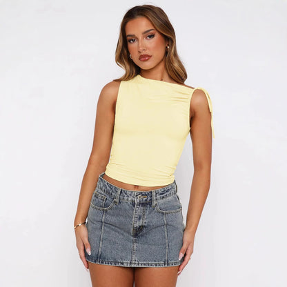 European and american women's clothing2025Spring Summer New Fashion Personality Irregular Strap Drawstring Tie Pleated Crop Top for Women