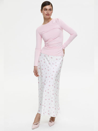 Cross-border Printed Midi Skirt European and American Style2025Spring and Summer New Elegant Floral Satin Printed Draped High-Waisted Skirt