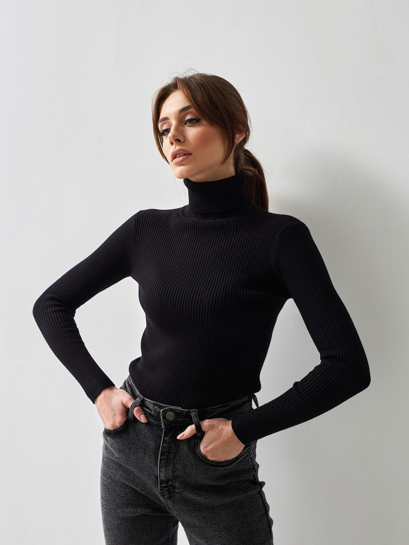 Cross-border Turtleneck Sweater Knitted Base Shirt European and American Style2025Amazon Autumn Knitted Sweater High Neck Pullover Sweater for Women
