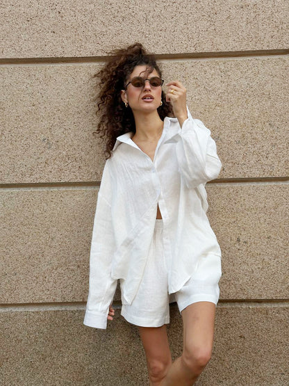 Cross-border pure cotton cardigan long sleeve shorts set2025Spring and summer outerwear simple solid color European and American style casual suit for women