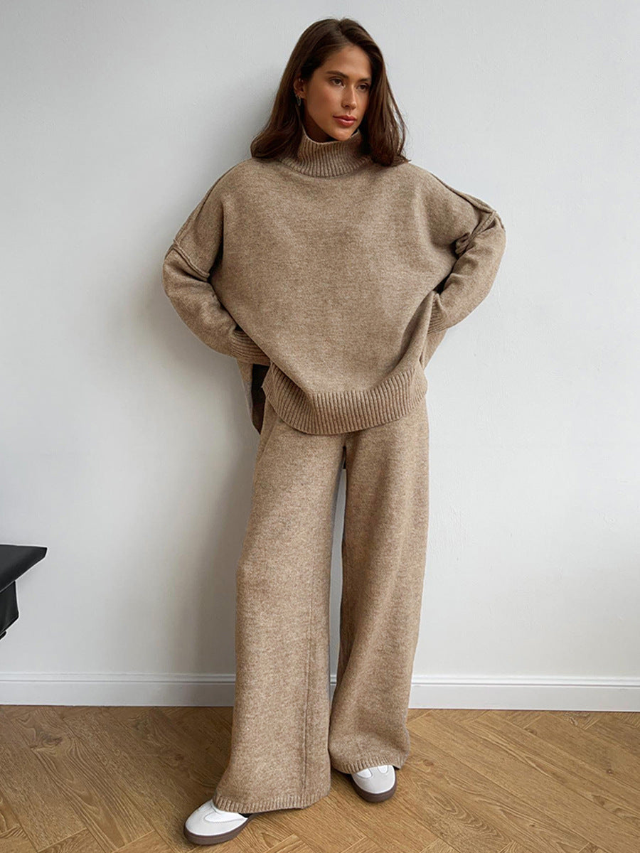 Cross-Border Turtleneck Sweater Set for Women, European and American Style, Autumn and Winter New Loose Casual Thick Knitted Long Pants Set