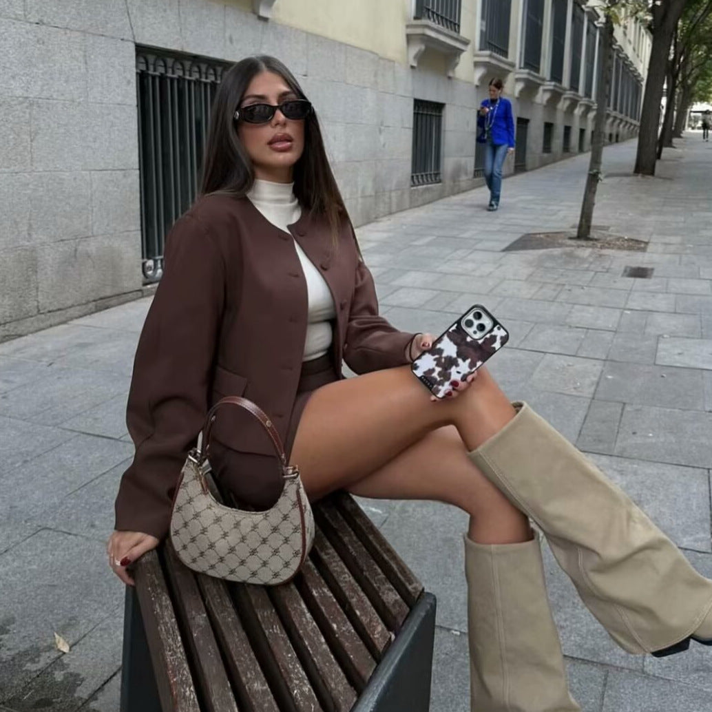 Women's Clothing2025Autumn Balloon Fit Round Neck Short Jacket+Mini Skirt Two Piece Suit B4