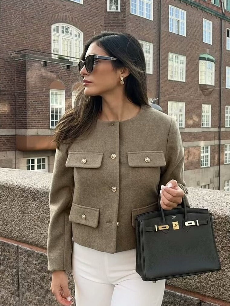 Wholesale Cross-Border Amazon Autumn Winter New Women's Fashion Small Fragrance Style Button Decor Short Blazer B88646