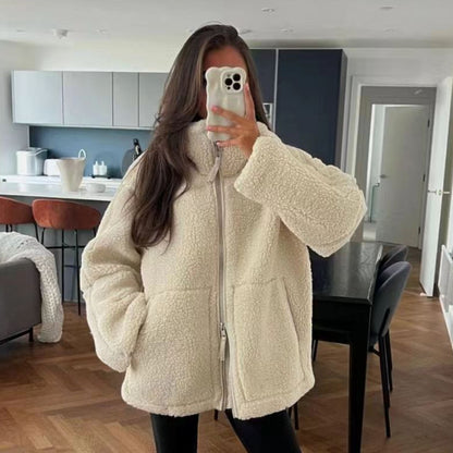 Cross-Border2024European and American Style Autumn Winter New Women's Solid Color Lazy Style Lamb Wool High Neck Woolen Coat A65002