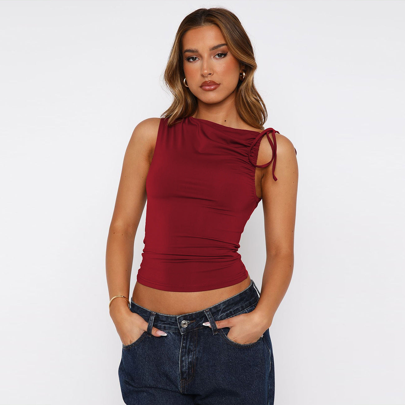 European and american women's clothing2025Spring Summer New Fashion Personality Irregular Strap Drawstring Tie Pleated Crop Top for Women