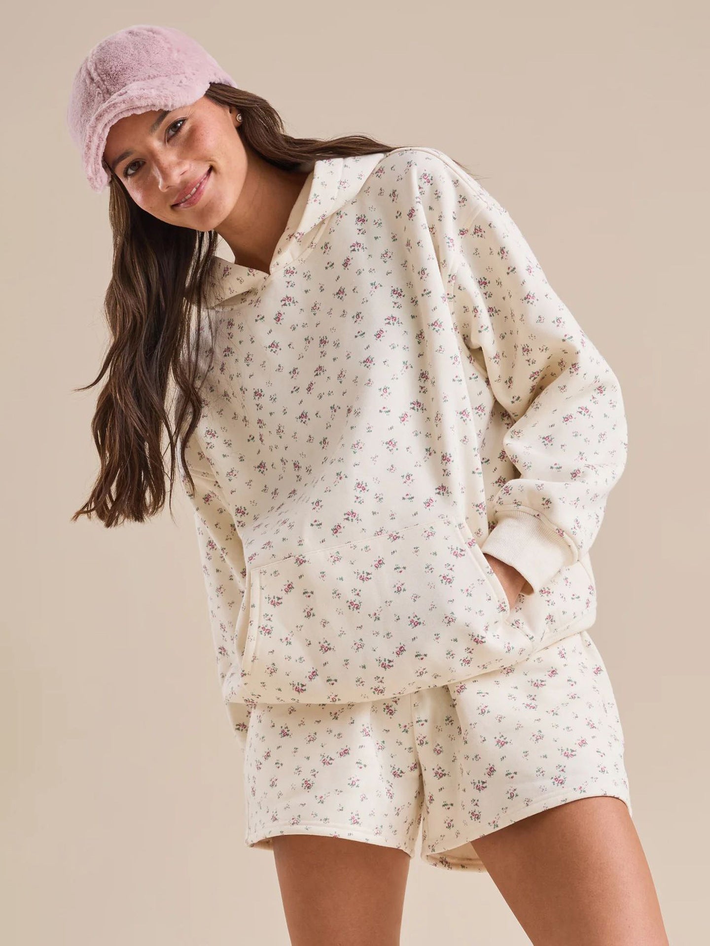 Sultyra Floral Casual Hooded Sweatshirt High Waist Comfortable Shorts Set