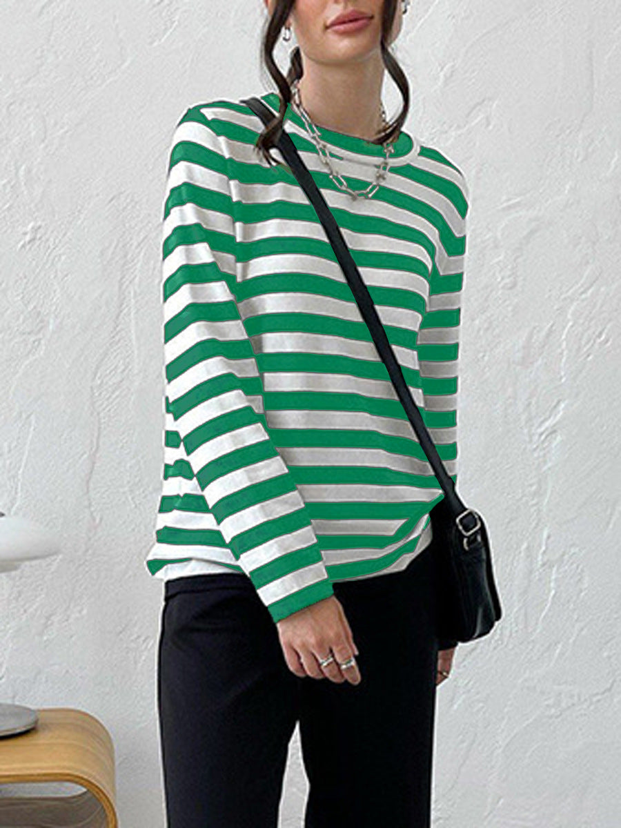 Cross-border Round Neck Knitted Striped Sweater European and American Style2025Spring Versatile Classic Retro Striped Pullover Sweater for Women