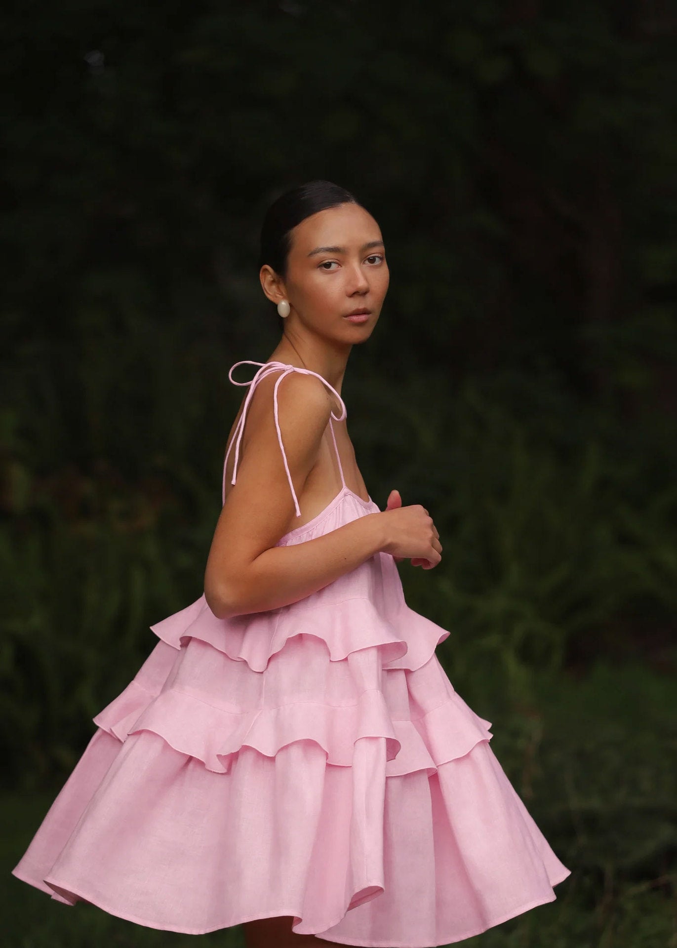 Cross-border spaghetti strap dress European and American style2025Summer Multi-layer Ruffle Cake Dress Short Backless Strap Dress