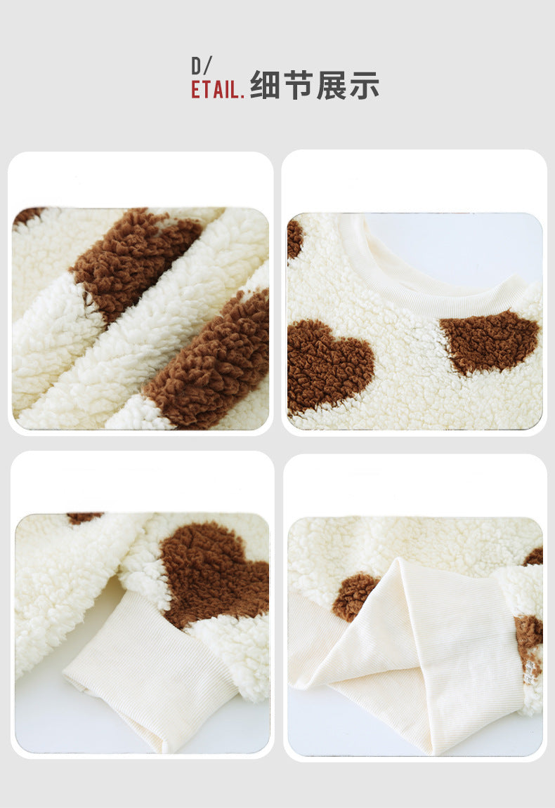 Shiny Velvet2023Cross-border Women's Fashion European and American Style Autumn Winter New Plush Heart Print Loose Long Sleeve Round Neck Pullover Sweatshirt