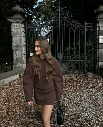 Women's Clothing2025Autumn Balloon Fit Round Neck Short Jacket+Mini Skirt Two Piece Suit B4