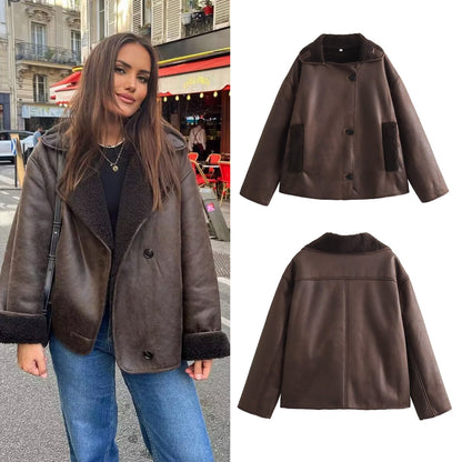 Foreign Trade Women's Clothing Wholesale2025Spring and Autumn New Casual Leather and Fur Integrated Double-Sided Jacket with Turn-Down Collar B88681