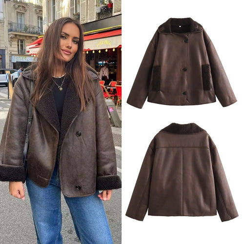 Foreign Trade Women's Clothing Wholesale2025Spring and Autumn New Casual Leather and Fur Integrated Double-Sided Jacket with Turn-Down Collar B88681
