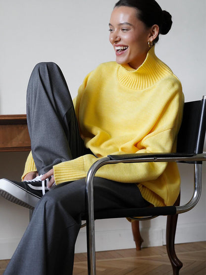 Cross-Border2025Hot-Selling European and American Style Autumn Winter Solid Color High Neck Knitted Sweater Loose Slimming Versatile Knitted Sweater for Women