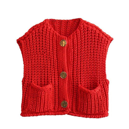 11Color Amazon2024Spring and Autumn New Women's Fashion European and American Style Pocket Sleeveless Short Knitted Cardigan Vest