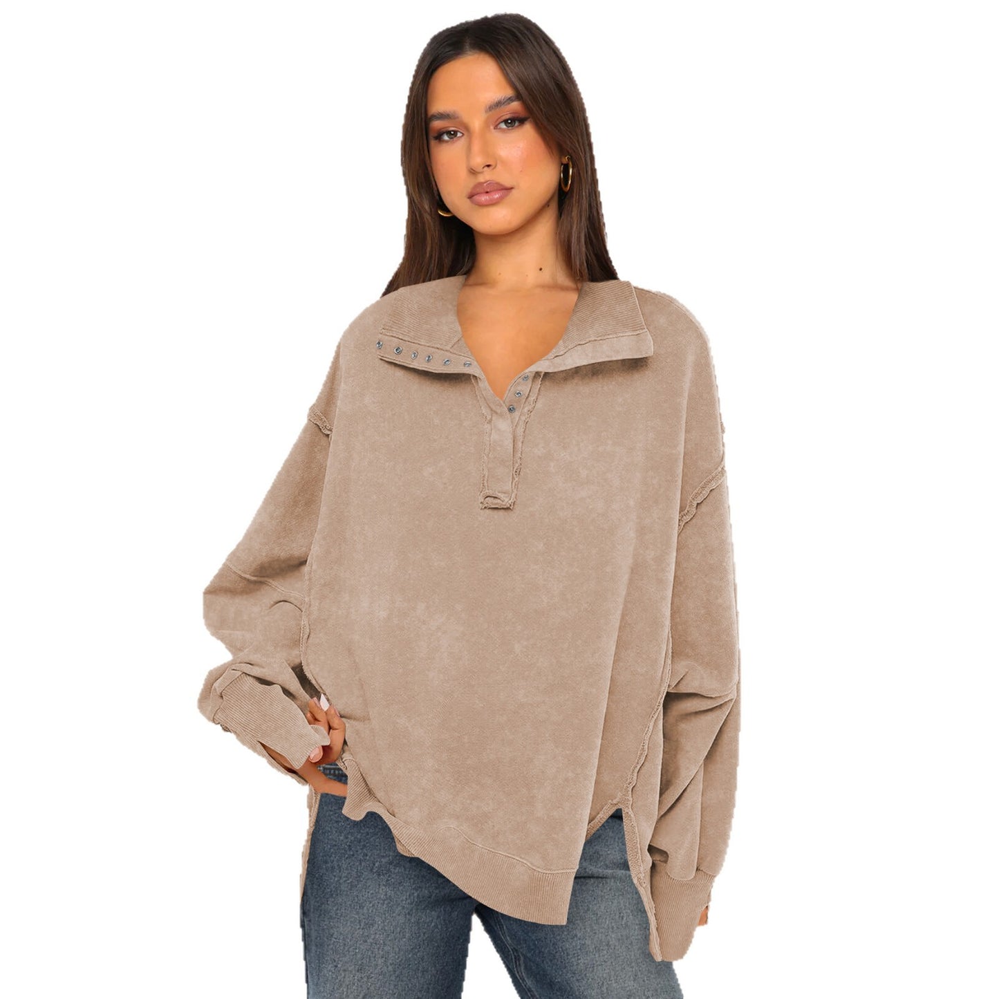 Sultyra Decorative Line Design Sense Top with Slit Lantern Sleeves polo