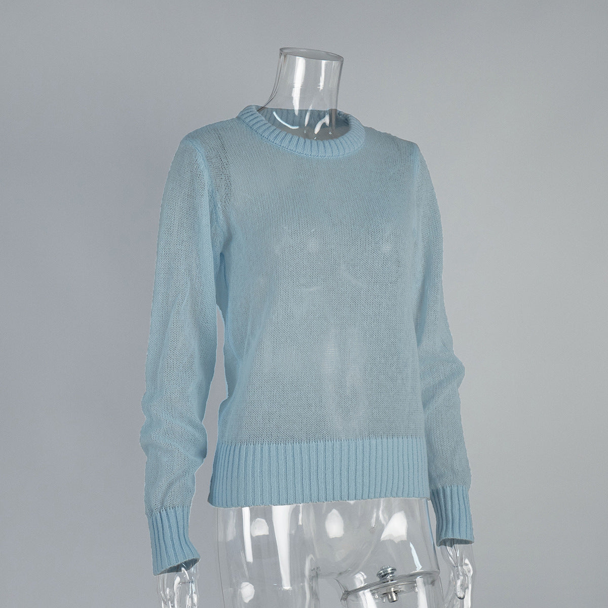 Cross-border Mohair Crew Neck Pullover Sweater European and American Style2025Spring and Summer New Comfortable Knitted Base Semi-Transparent Sweater for Women