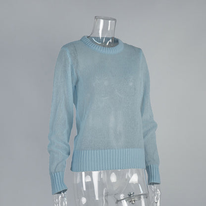 Cross-border Mohair Crew Neck Pullover Sweater European and American Style2025Spring and Summer New Comfortable Knitted Base Semi-Transparent Sweater for Women