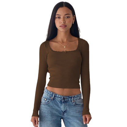 New Long Sleeve t T-shirt Women's Clothing wish Cross-border Trendy Brand Slim Fit Lace Patchwork Hot Girl Top U Collared Base Shirt