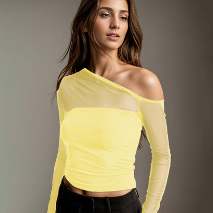 European and American Autumn New Foreign Trade Mesh Patchwork Sheer Asymmetrical Long Sleeve T T-shirt Pure Desire Sexy Unique Regular Shoulder Top