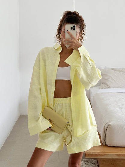 Cross-border pure cotton cardigan long sleeve shorts set2025Spring and summer outerwear simple solid color European and American style casual suit for women