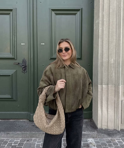 9Wholesale European and American Style2025Spring and Autumn Casual Suede Texture Lapel Bomber Jacket for Women B88824