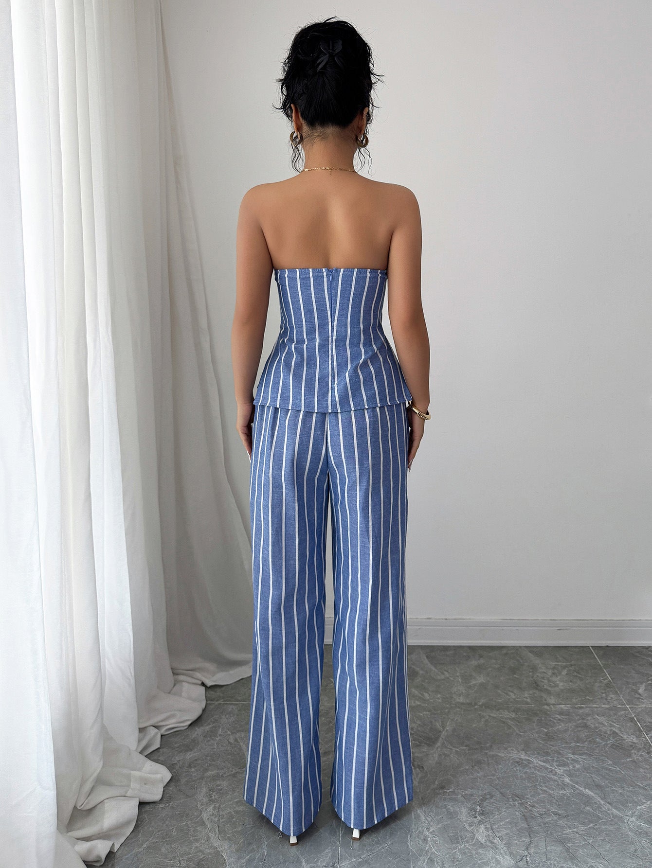 Cross-border Fashion Elegant Strapless Striped Long Pants Two-piece Set Women's Clothing2025Spring and Summer Amazon Non-Iron Comfortable