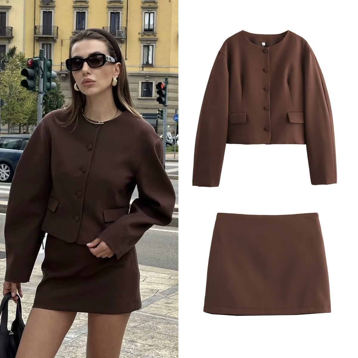 Women's Clothing2025Autumn Balloon Fit Round Neck Short Jacket+Mini Skirt Two Piece Suit B4