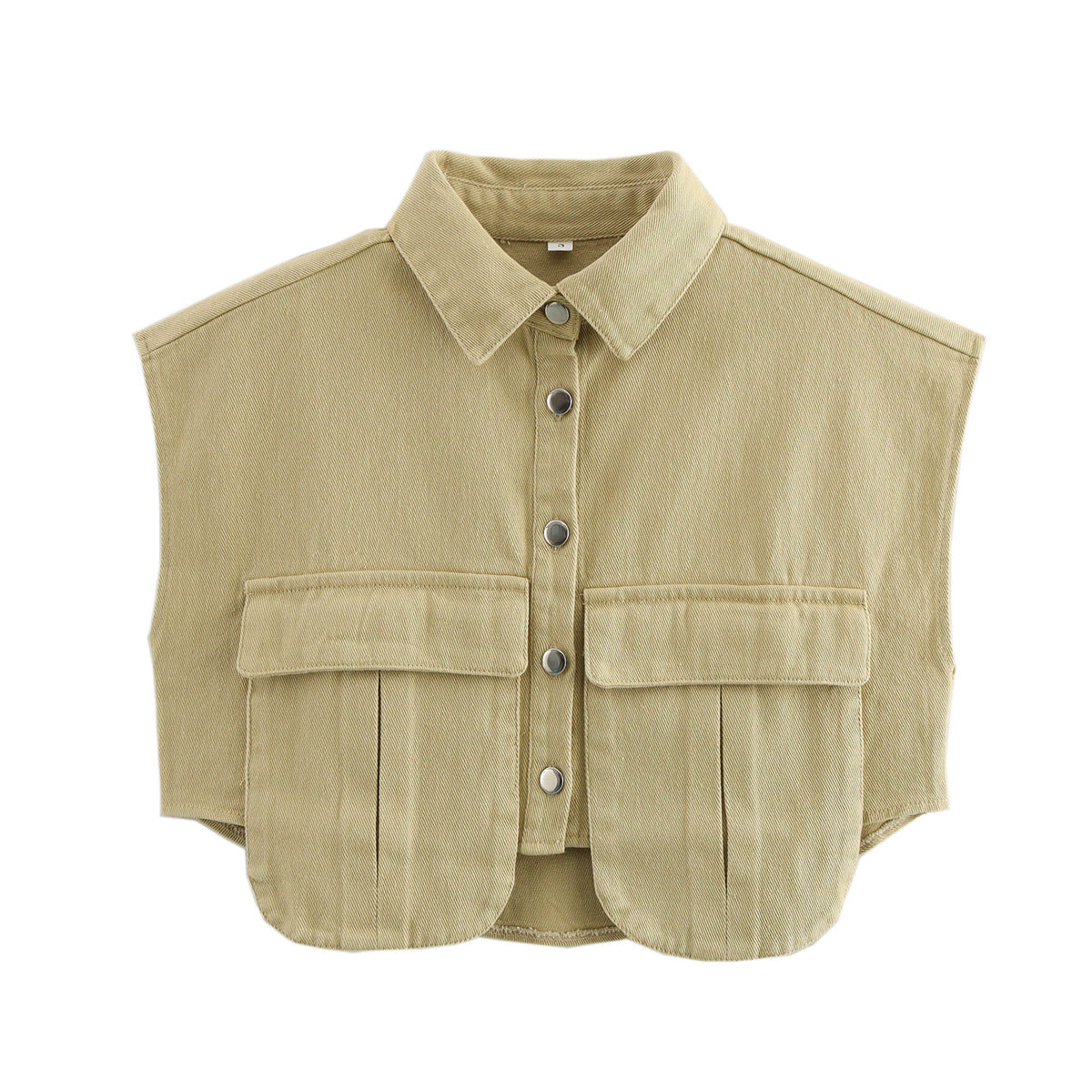 Amazon Women's Solid Color Large Pocket Sleeveless High-End Cardigan Polo Collared Shirt Denim Top A19846