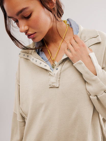 2024Amazon Hot-Selling Design Women's High-Quality Lantern Sleeve Decorative Line Split Collar Loose Sweatshirt