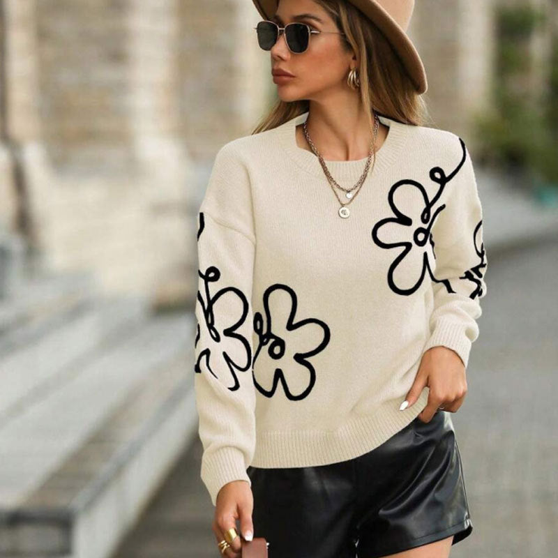 Cross-Border European and American Autumn Winter New Women's Sweater Fashion Flower Three-Dimensional Embroidery Round Neck Pullover Long Sleeve Knitted Sweater for Women