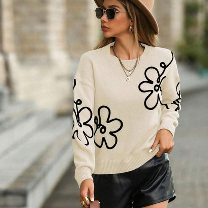 Cross-Border European and American Autumn Winter New Women's Sweater Fashion Flower Three-Dimensional Embroidery Round Neck Pullover Long Sleeve Knitted Sweater for Women