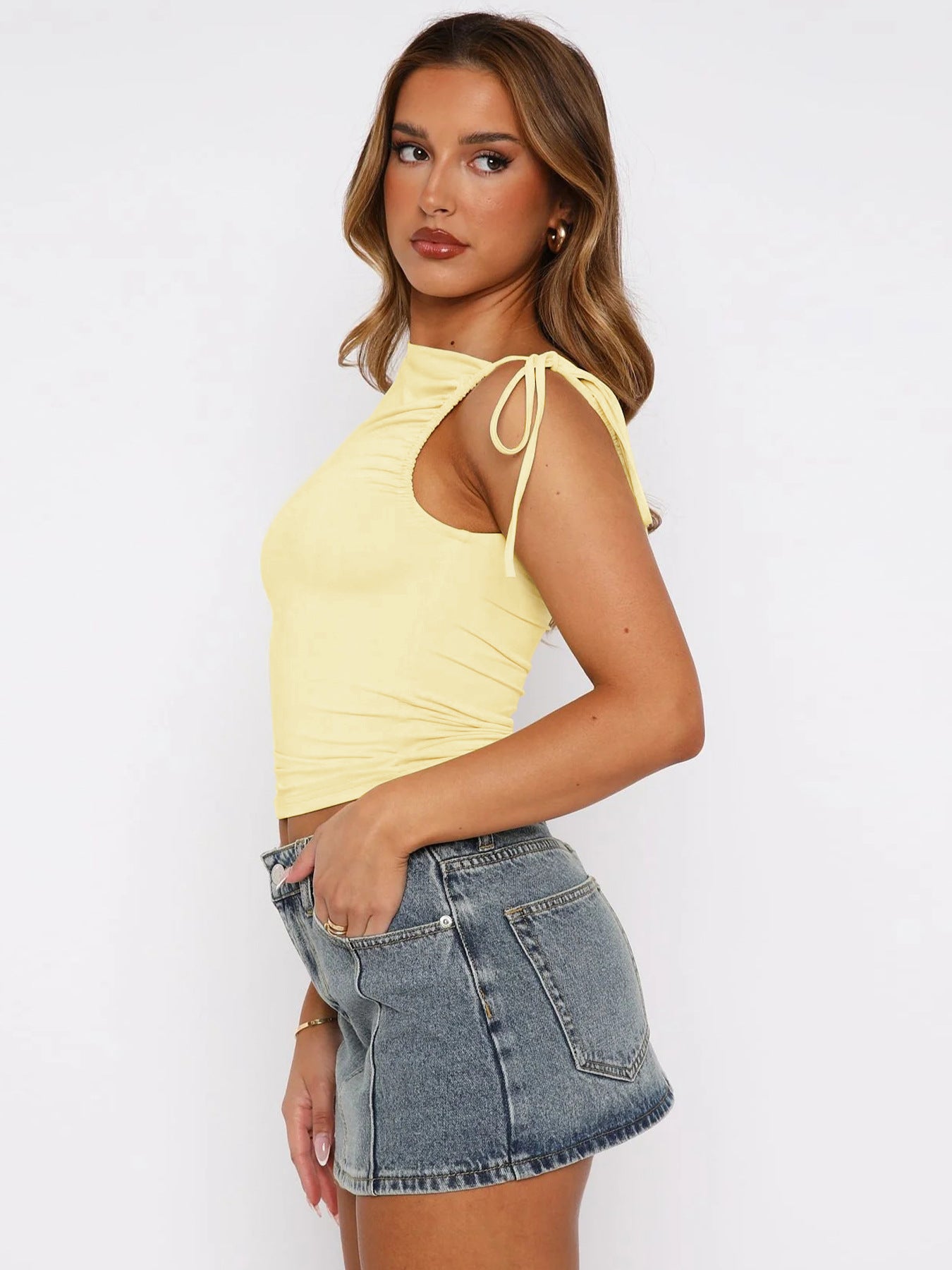 European and american women's clothing2025Spring Summer New Fashion Personality Irregular Strap Drawstring Tie Pleated Crop Top for Women