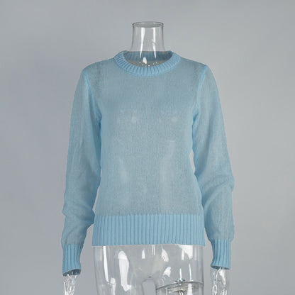 Cross-border Mohair Crew Neck Pullover Sweater European and American Style2025Spring and Summer New Comfortable Knitted Base Semi-Transparent Sweater for Women