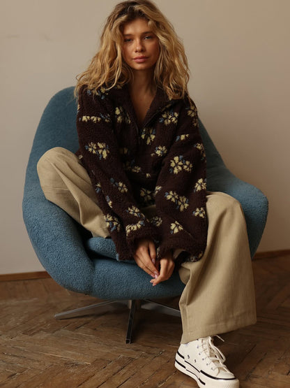 Cross-border fleece floral sweatshirt Europe and America2025Autumn and Winter New Fashion Sweatshirt Warm Fuzzy Sweatshirt Fleece Top for Women