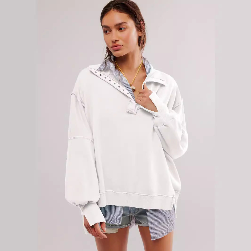 2024Amazon Hot-Selling Design Women's High-Quality Lantern Sleeve Decorative Line Split Collar Loose Sweatshirt