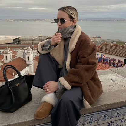 Cross-Border Amazon2025Autumn and Winter New Women's Fashion Loose Warm Retro Lamb Wool Coat D79245