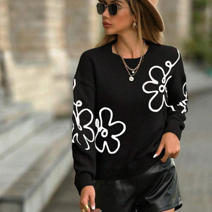 Cross-Border European and American Autumn Winter New Women's Sweater Fashion Flower Three-Dimensional Embroidery Round Neck Pullover Long Sleeve Knitted Sweater for Women