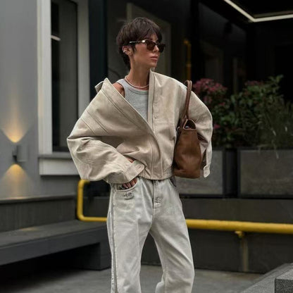 Cross-border Wholesale European and American Style2025Autumn and Winter Fashion Turn-Down Collar Suede Texture Loose Flight Jacket for Women A6