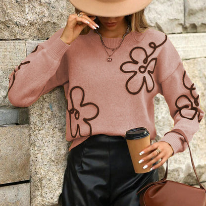 Cross-Border European and American Autumn Winter New Women's Sweater Fashion Flower Three-Dimensional Embroidery Round Neck Pullover Long Sleeve Knitted Sweater for Women