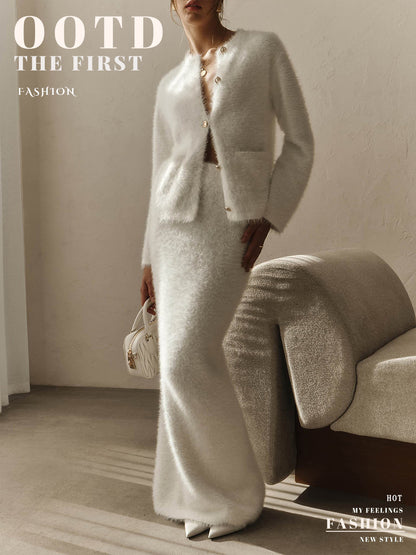 Cross-border Plush Long Sleeve Half-length Dress Set European and American Style2025Autumn and Winter New Single-Breasted Cardigan and Skirt Set