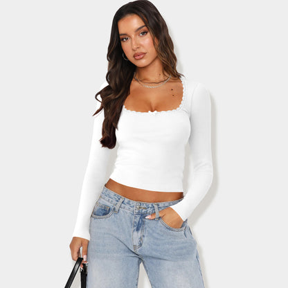 New Long Sleeve t T-shirt Women's Clothing wish Cross-border Trendy Brand Slim Fit Lace Patchwork Hot Girl Top U Collared Base Shirt