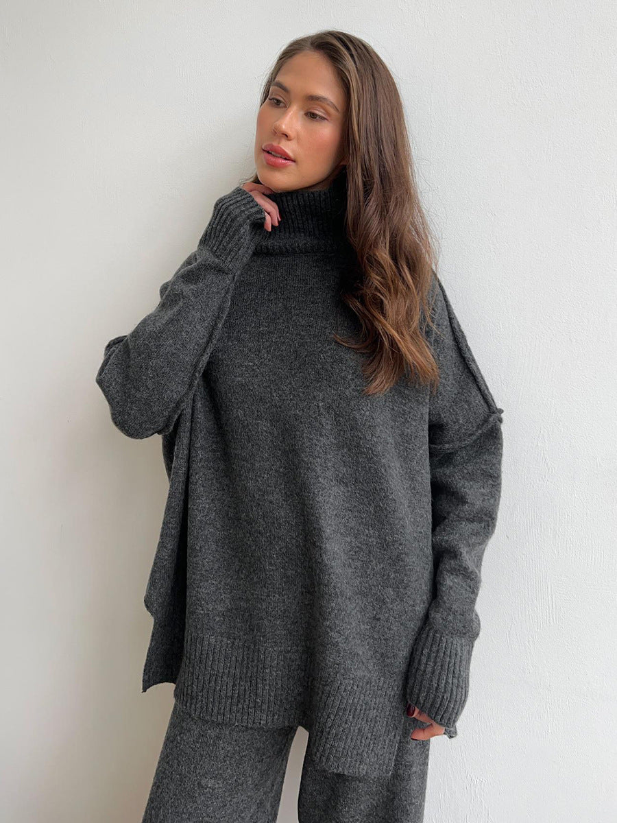 Cross-Border Turtleneck Sweater Set for Women, European and American Style, Autumn and Winter New Loose Casual Thick Knitted Long Pants Set