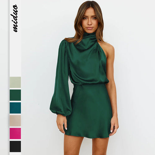 2025Autumn Winter New Women's Evening Dress Export High-end Satin Long Sleeve One-shoulder Elegant Dress