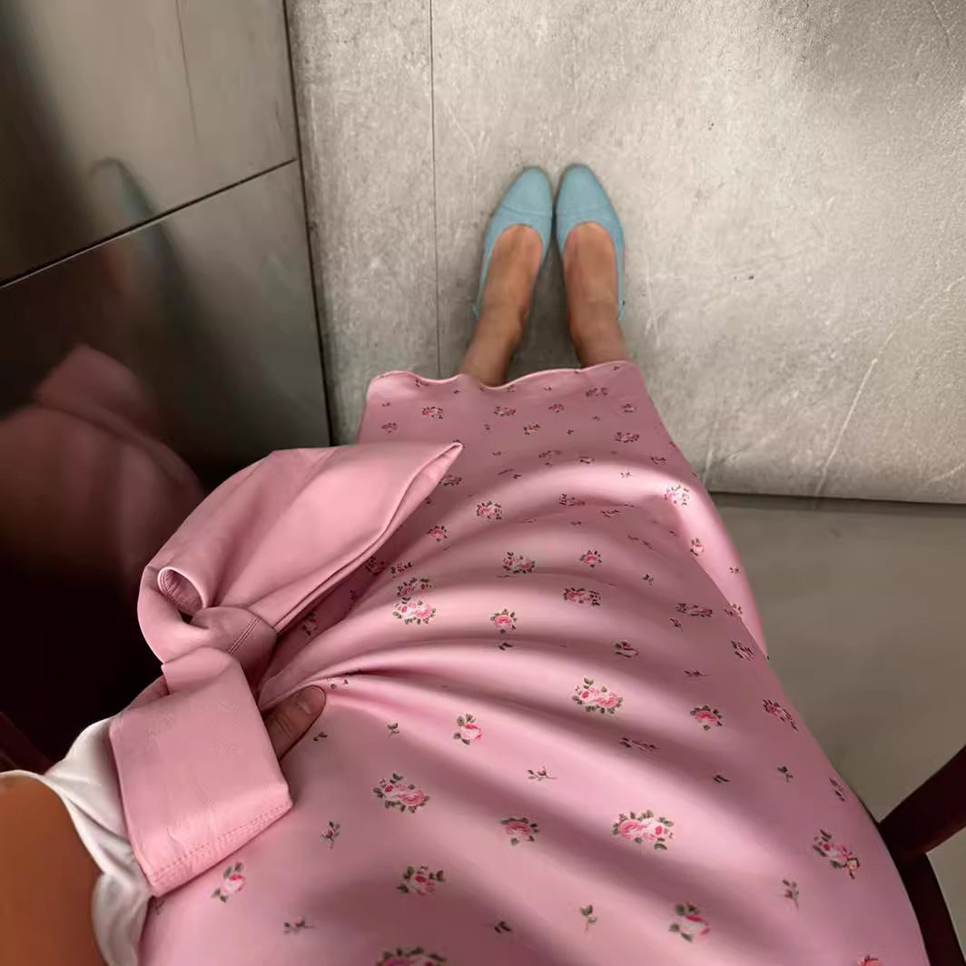 Cross-border Printed Midi Skirt European and American Style2025Spring and Summer New Elegant Floral Satin Printed Draped High-Waisted Skirt