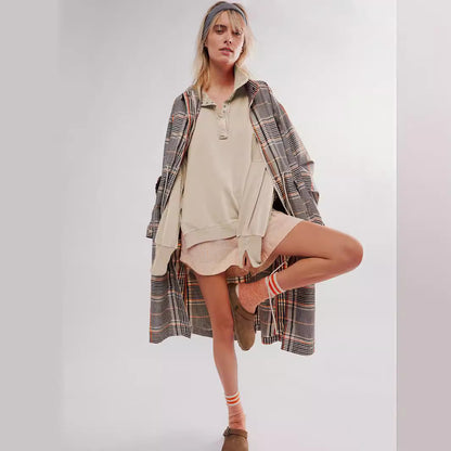 2024Amazon Hot-Selling Design Women's High-Quality Lantern Sleeve Decorative Line Split Collar Loose Sweatshirt