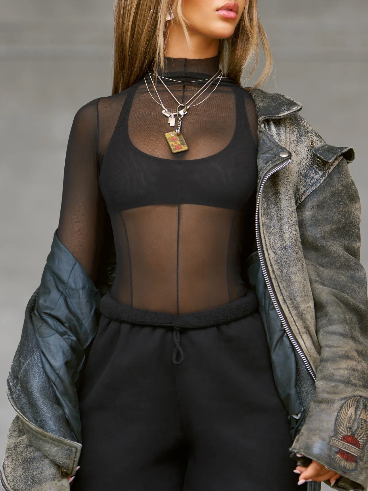 Sultyra See-Through Long Sleeve Half High Collar Slim Fit