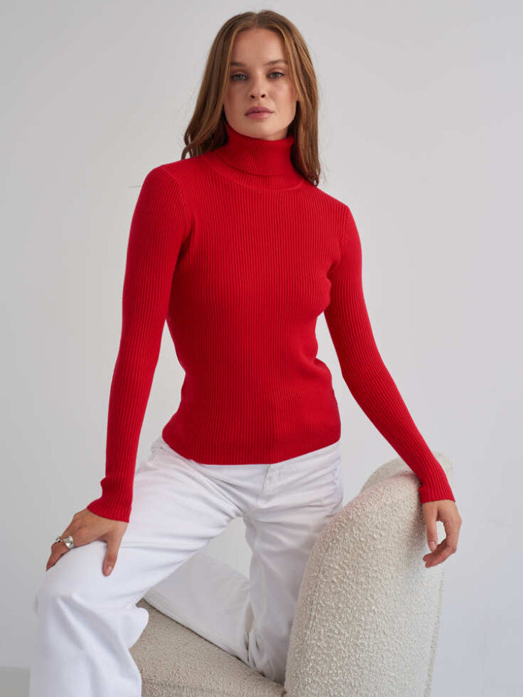 Cross-border Turtleneck Sweater Knitted Base Shirt European and American Style2025Amazon Autumn Knitted Sweater High Neck Pullover Sweater for Women