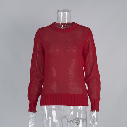 Cross-border Mohair Crew Neck Pullover Sweater European and American Style2025Spring and Summer New Comfortable Knitted Base Semi-Transparent Sweater for Women