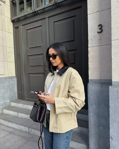 Cross-Border Foreign Trade Women's Clothing2025Autumn European and American Style Turn-Down Collar Long Sleeve Retro Color-Block Jacket Baseball Coat for Women A15057