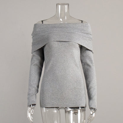 Cross-border Women's Sweater2025Autumn Winter European American Style Long Sleeve Knitted Bottoming Shirt One Shoulder Sexy Slim Off Shoulder Top